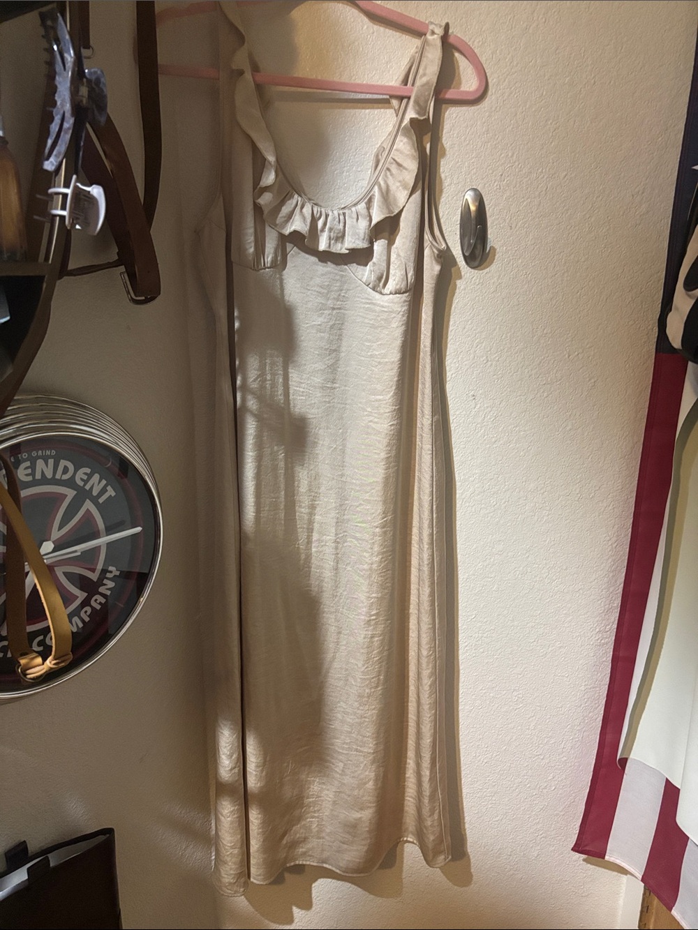 Sleeveless Ruffle-Trim Slip Dress in Light Beige